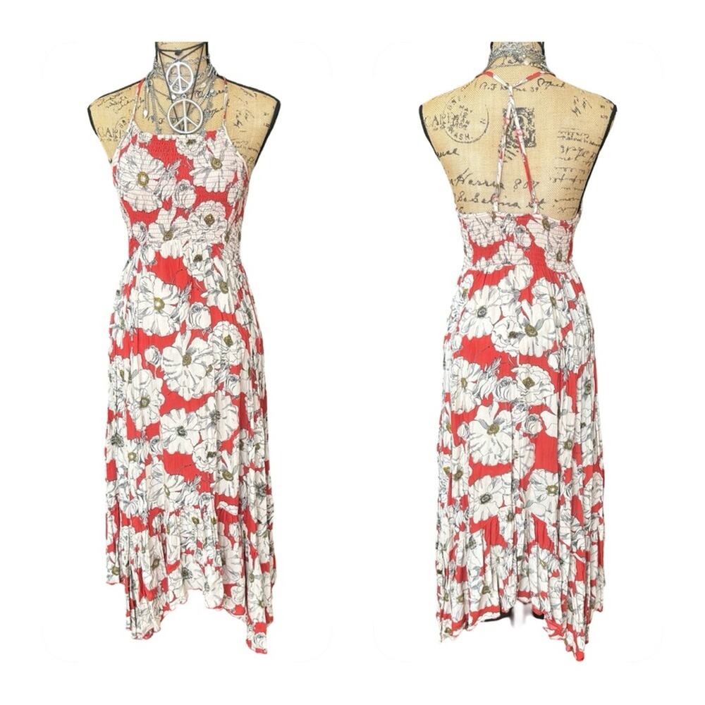 FREE PEOPLE - INTIMATELY - HEAT WAVE coral floral print spaghetti straps dress M